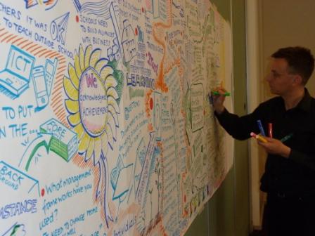 A photo of me speedily graphic recording at an organisation's leadership workshop